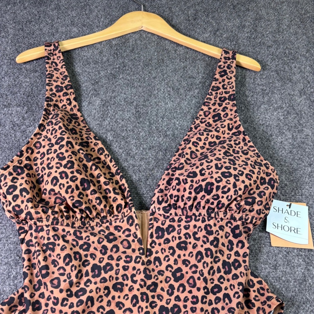 Shade & Shore One Piece Swimsuit Women L Brown Leopard Tummy Control NWT Plunge - Picture 3 of 6